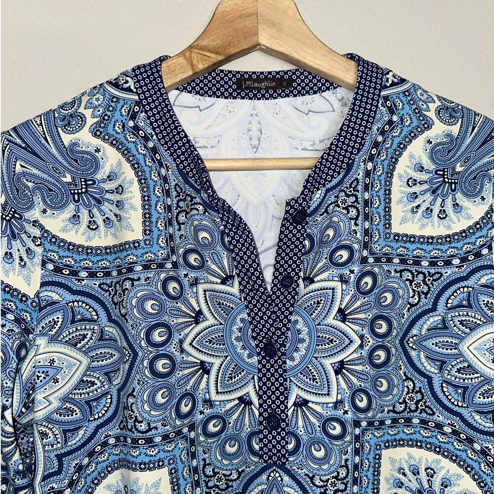 J. McLaughlin Catalina Cloth Blue Paisley Geometric Tunic Top 3/4 Sleeve Small - Picture 2 of 7